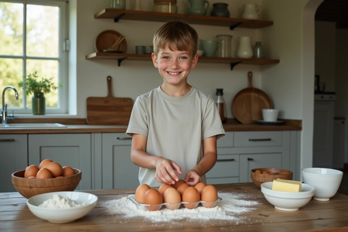Adolescent mesurant des ingrédients dans une cuisine rustique