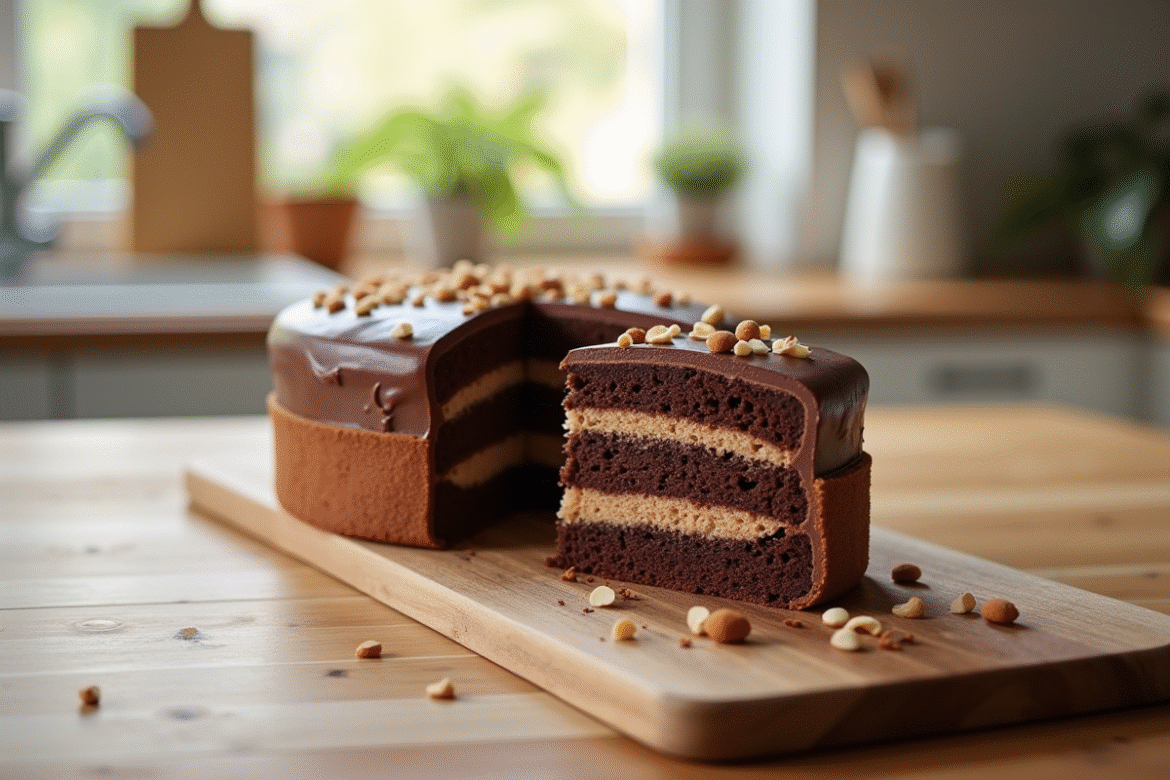 Gâteau dacquoise chocolat et amandes tranché sur table lumineuse