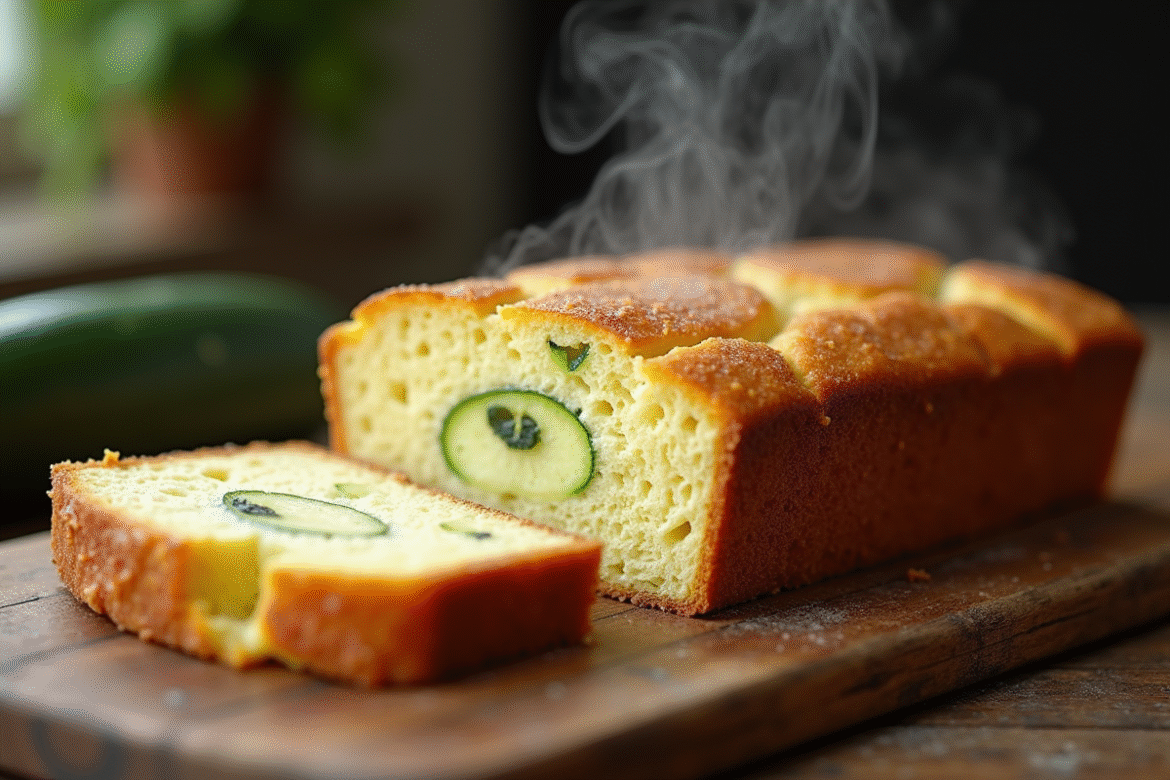 Gâteau de courgette et chèvre tranché sur table rustique