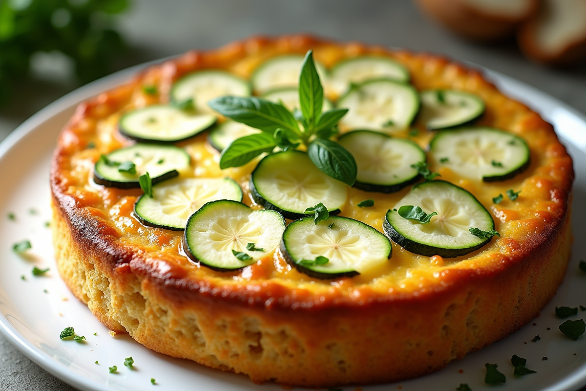Gâteau de courgette et chèvre avec herbes fraîches en cuisine