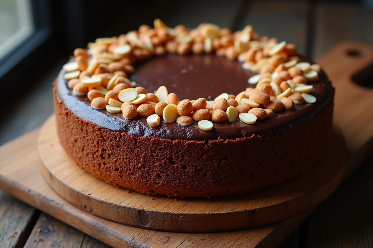 Gâteau dacquoise chocolat et amandes entier sur planche en bois