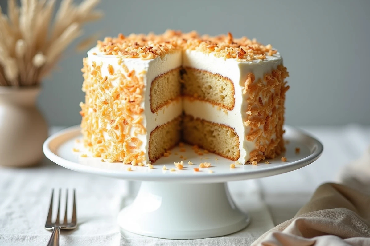 Gâteau à la noix de coco recouvert de copeaux grillés dorés sur un présentoir blanc dans une cuisine scandinave