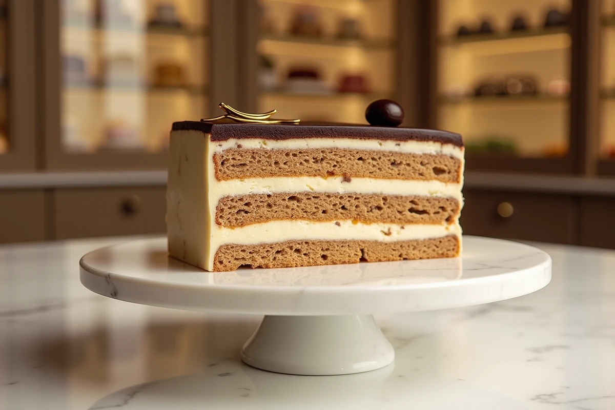 Gâteau opéra classique en coupe avec ses couches parfaites de biscuit joconde, crème au beurre café et ganache chocolat sur un présentoir en marbre blanc