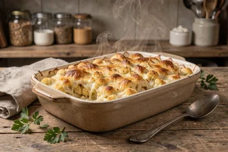 Gratin de chou-fleur et pomme de terre doré dans un plat en céramique rustique posé sur une table en bois de ferme