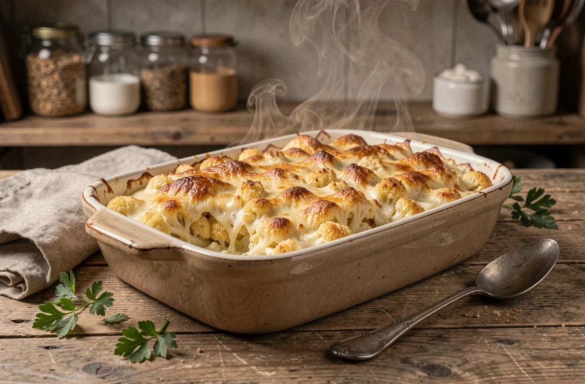 Gratin de chou-fleur et pomme de terre doré dans un plat en céramique rustique posé sur une table en bois de ferme