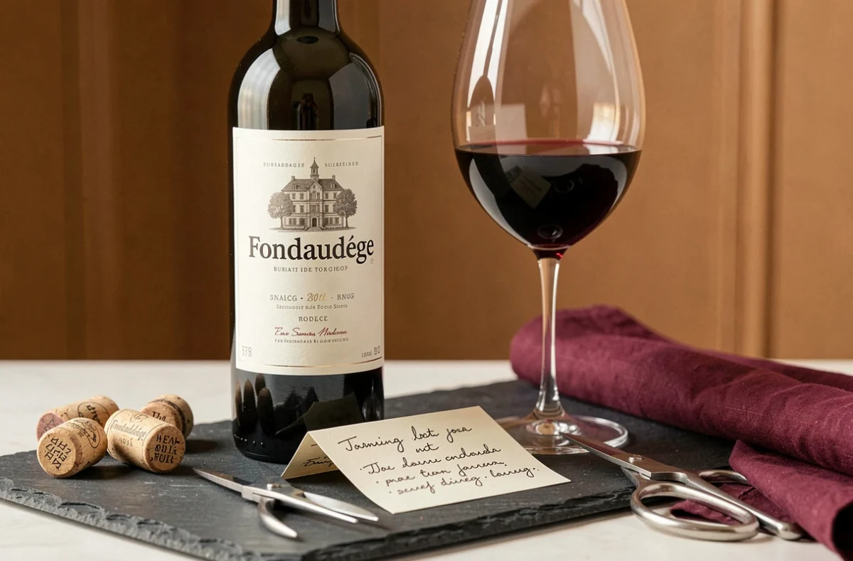 Gros plan sur l'étiquette Fondaudège, verre de vin rouge et fiche de dégustation sur ardoise