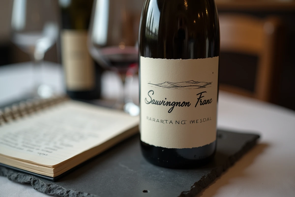 Gros plan sur une étiquette de bouteille de sauvignon franc posée sur une ardoise avec un carnet de dégustation
