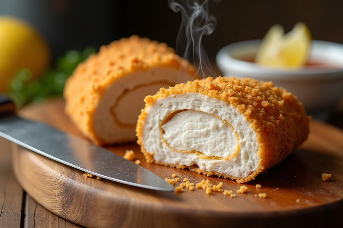 Gros plan d'un blanc de poulet pané tranché sur planche en bois révélant une chair juteuse et une croûte croustillante dorée au four ventilé