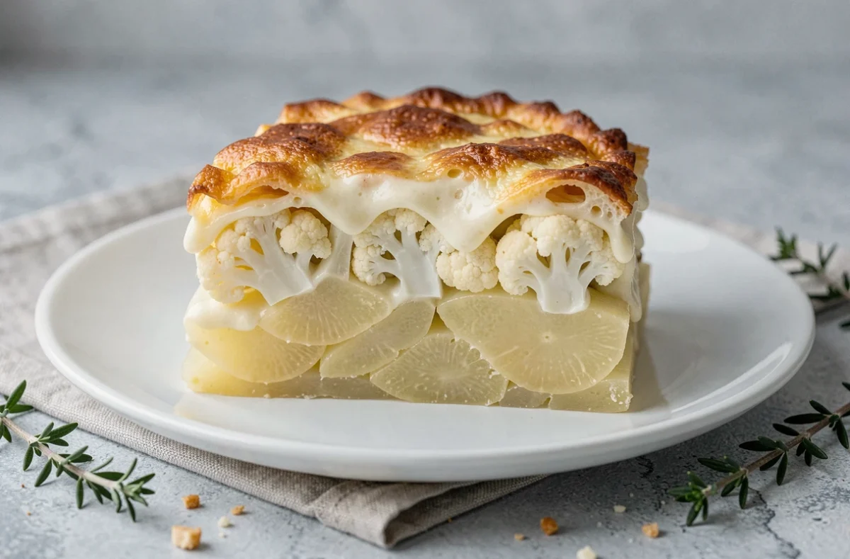 Tranche de gratin chou-fleur et pomme de terre en gros plan montrant les couches crémeuses et la croûte dorée