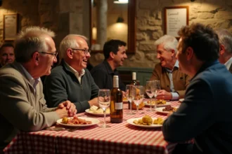 Groupe de convives souriants dans un bouchon lyonnais authentique