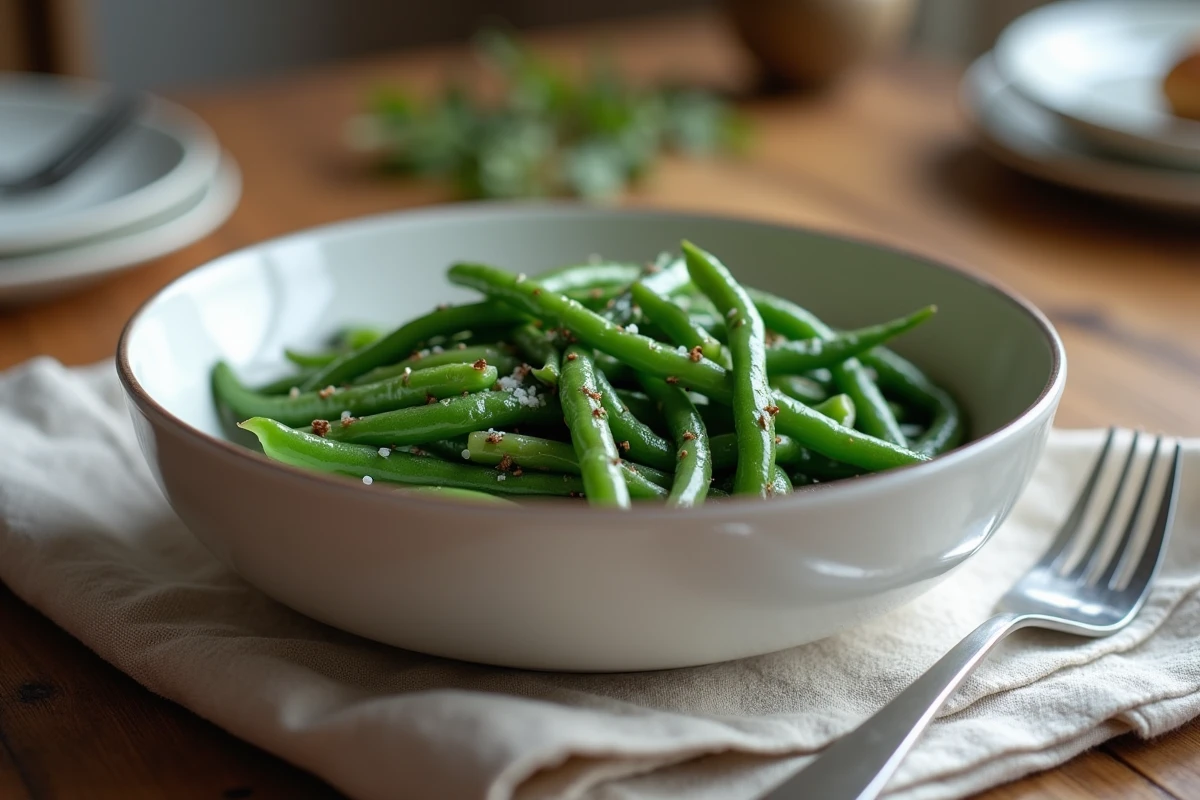 Bol de haricots verts cuits à la Cocotte-Minute servis avec huile d'olive et fleur de sel sur une table en bois
