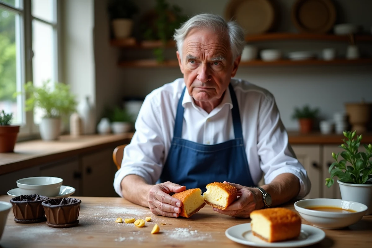 Homme âgé inspecte un canelé coupé à table