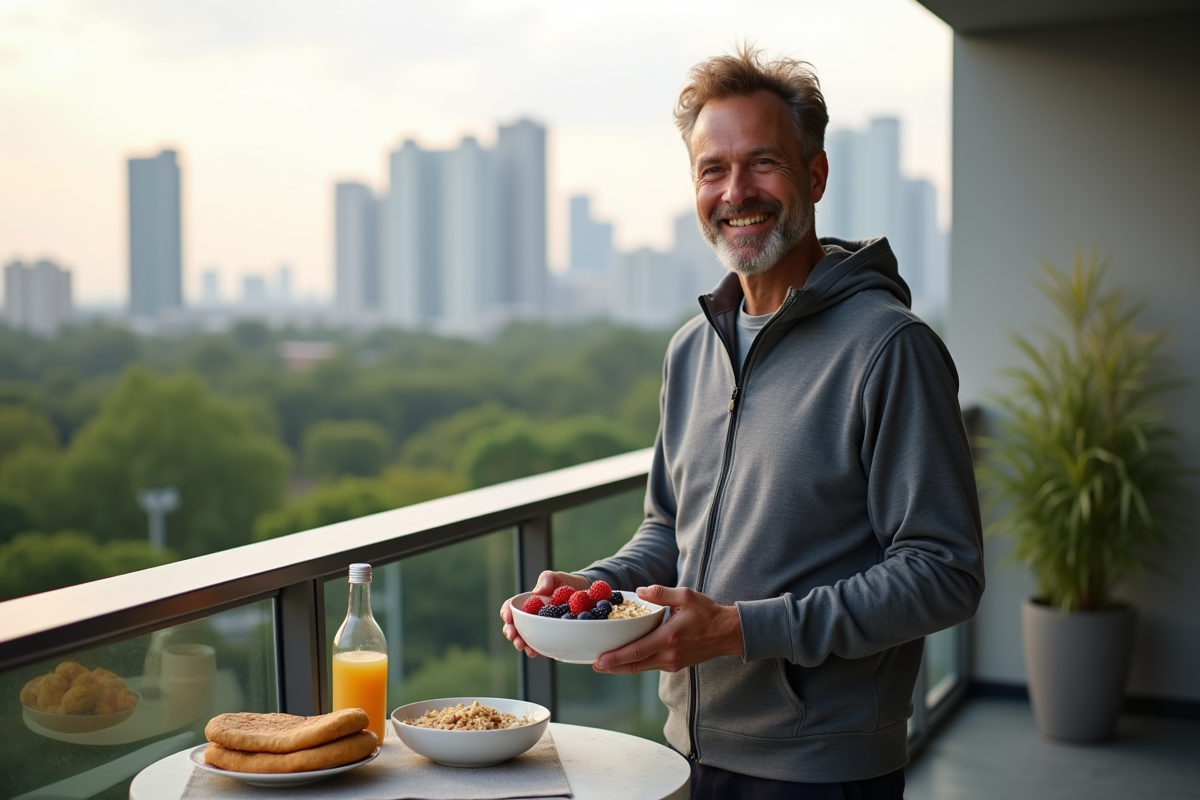 Homme préparant un petit déjeuner équilibré en extérieur