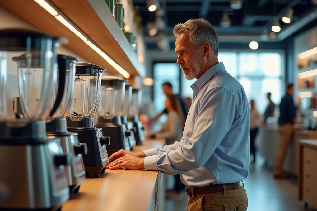 Homme examinant un blender dans un magasin d