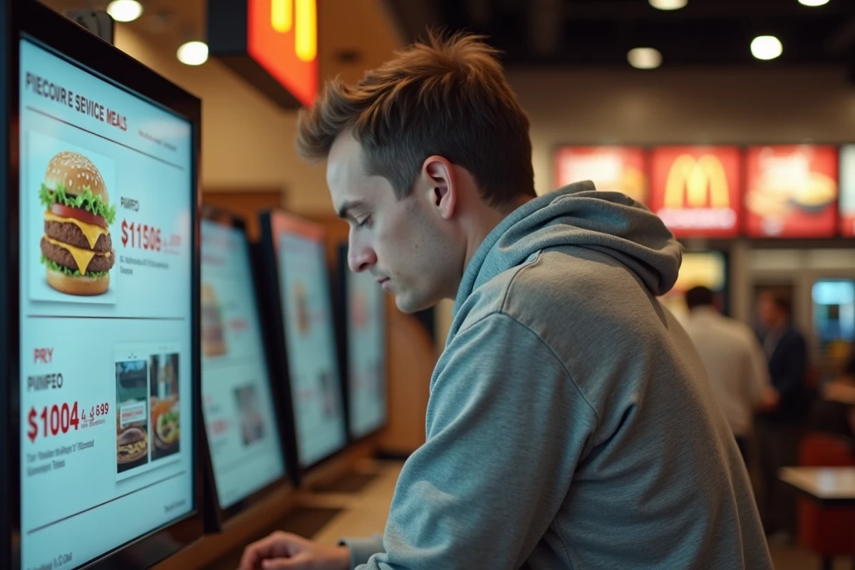 Homme consultant la borne de commande McDonald's pour choisir un menu promotionnel