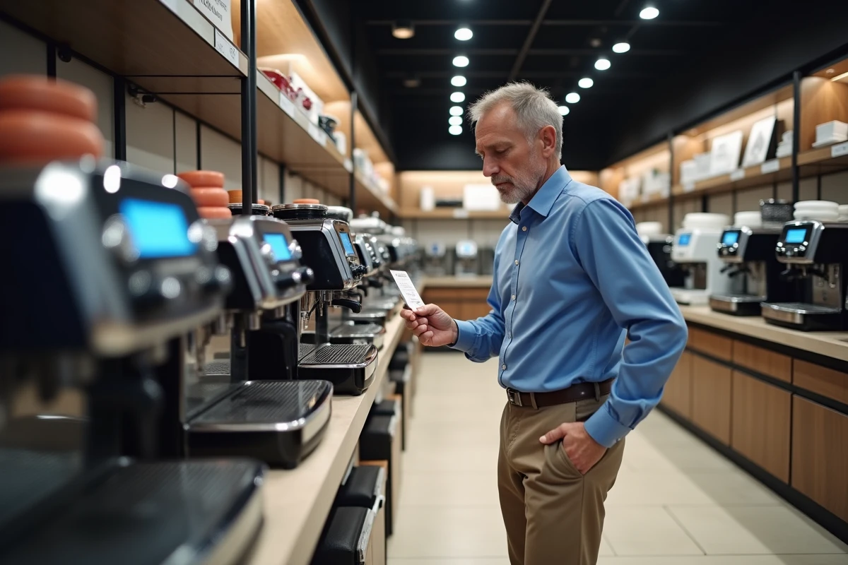Homme en magasin choisit une machine à café haut de gamme