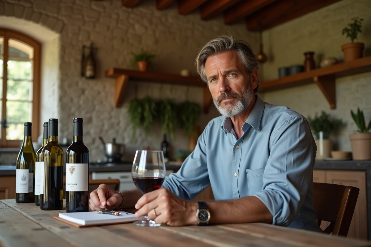 Homme comparant des étiquettes de bouteilles de sauvignon franc à une table en bois rustique