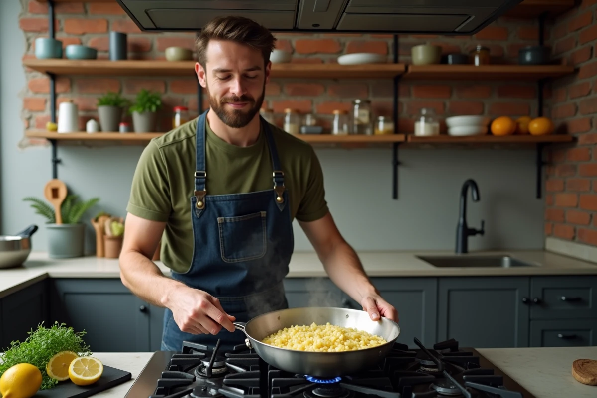 Jeune homme préparant un risotto au citron dans une cuisine loft urbaine industrielle avec tablier en denim et poêle fumante