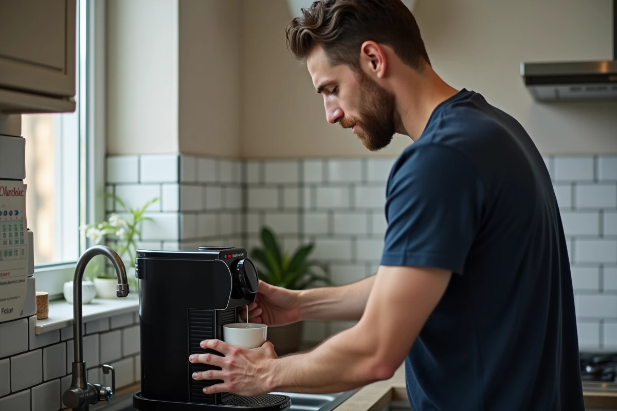 Homme effectuant un cycle de détartrage sur sa machine Nespresso Magimix dans une cuisine d'appartement