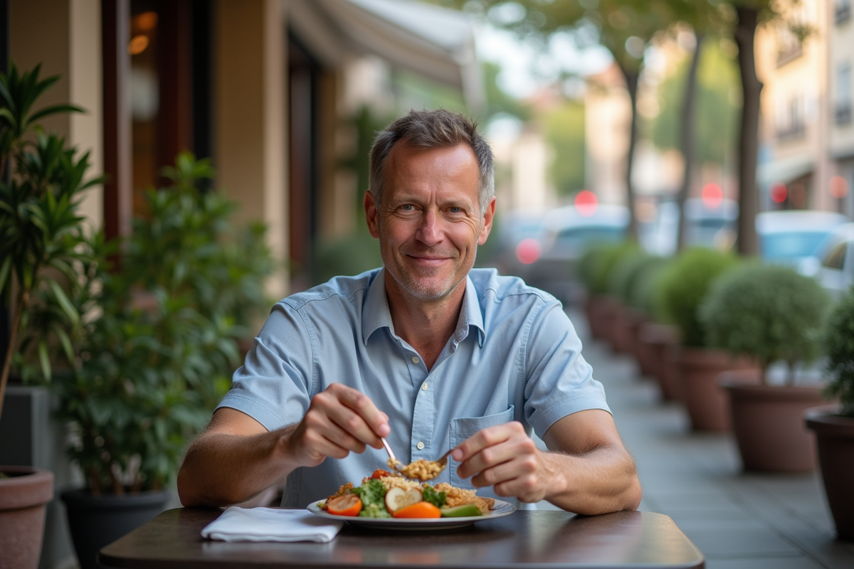 Homme dégustant un repas en terrasse en ville