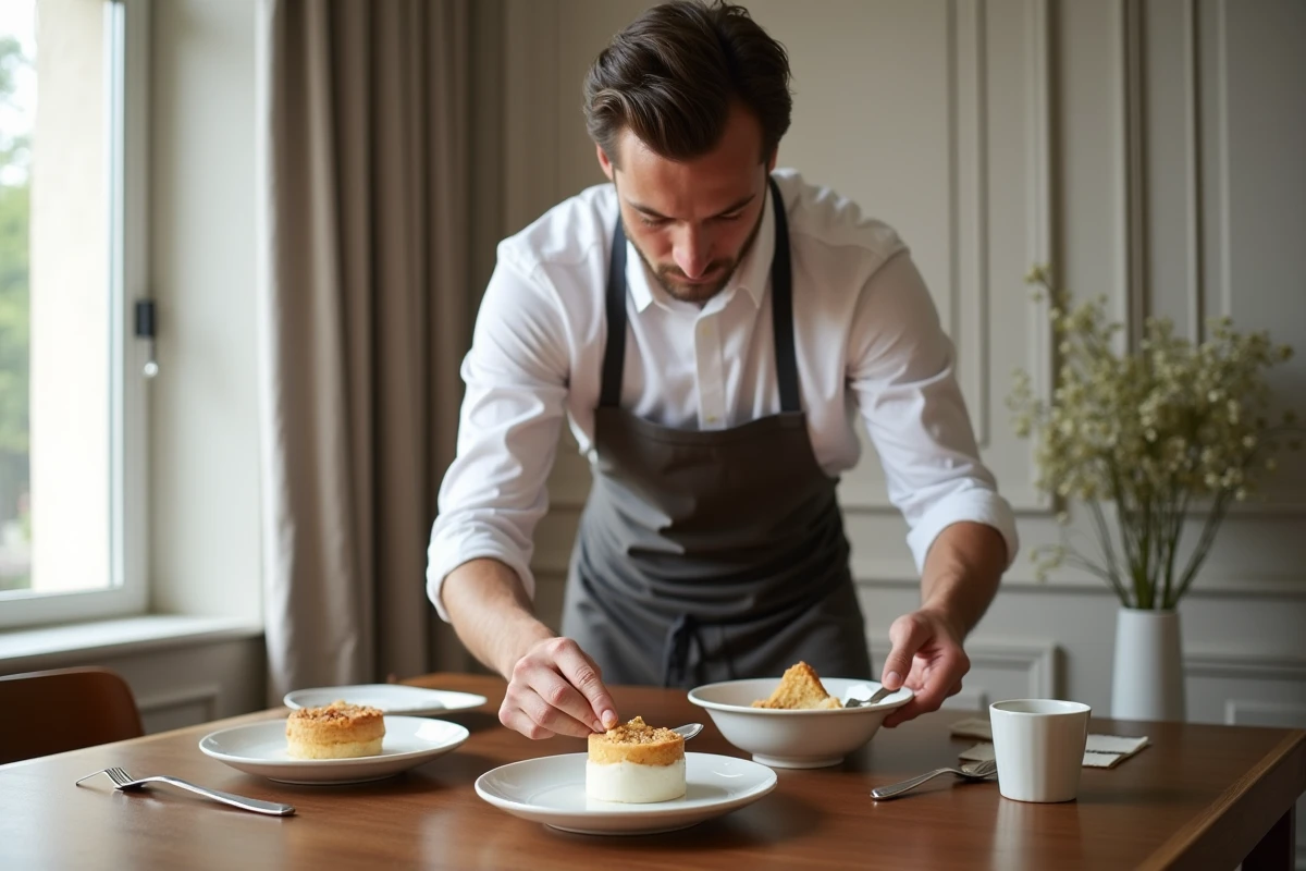 Homme en chemise et tablier dressant des desserts dans une salle à manger chic
