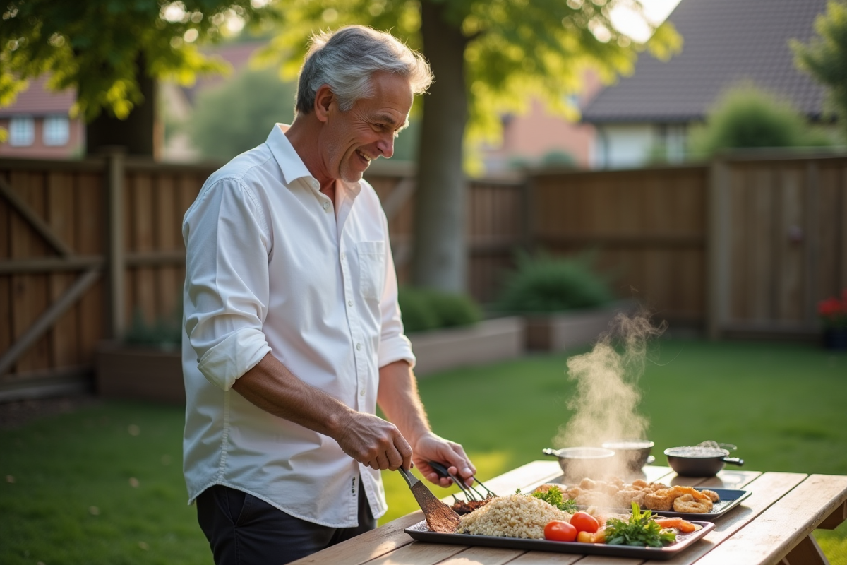 Homme préparant un repas keto en extérieur