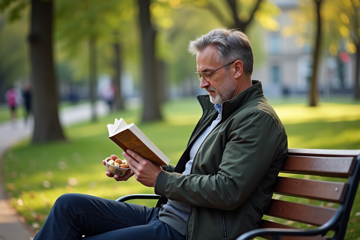 Homme lisant un livre sur la nutrition dans un parc