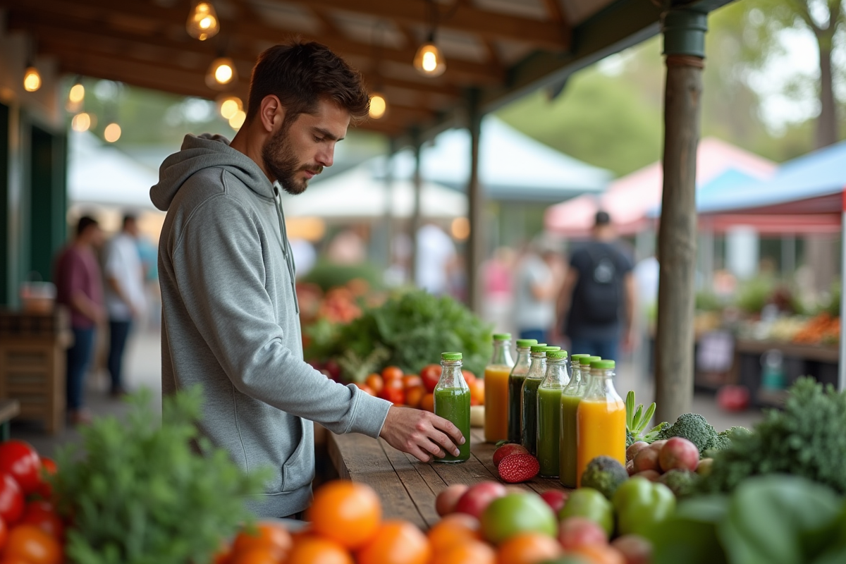 Jeune homme choisissant un jus frais au marché