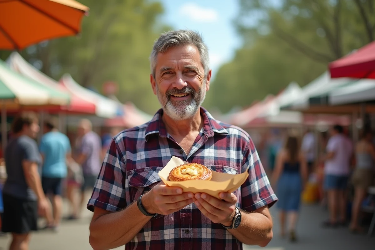Homme avec un pie dans un marché australien en plein air