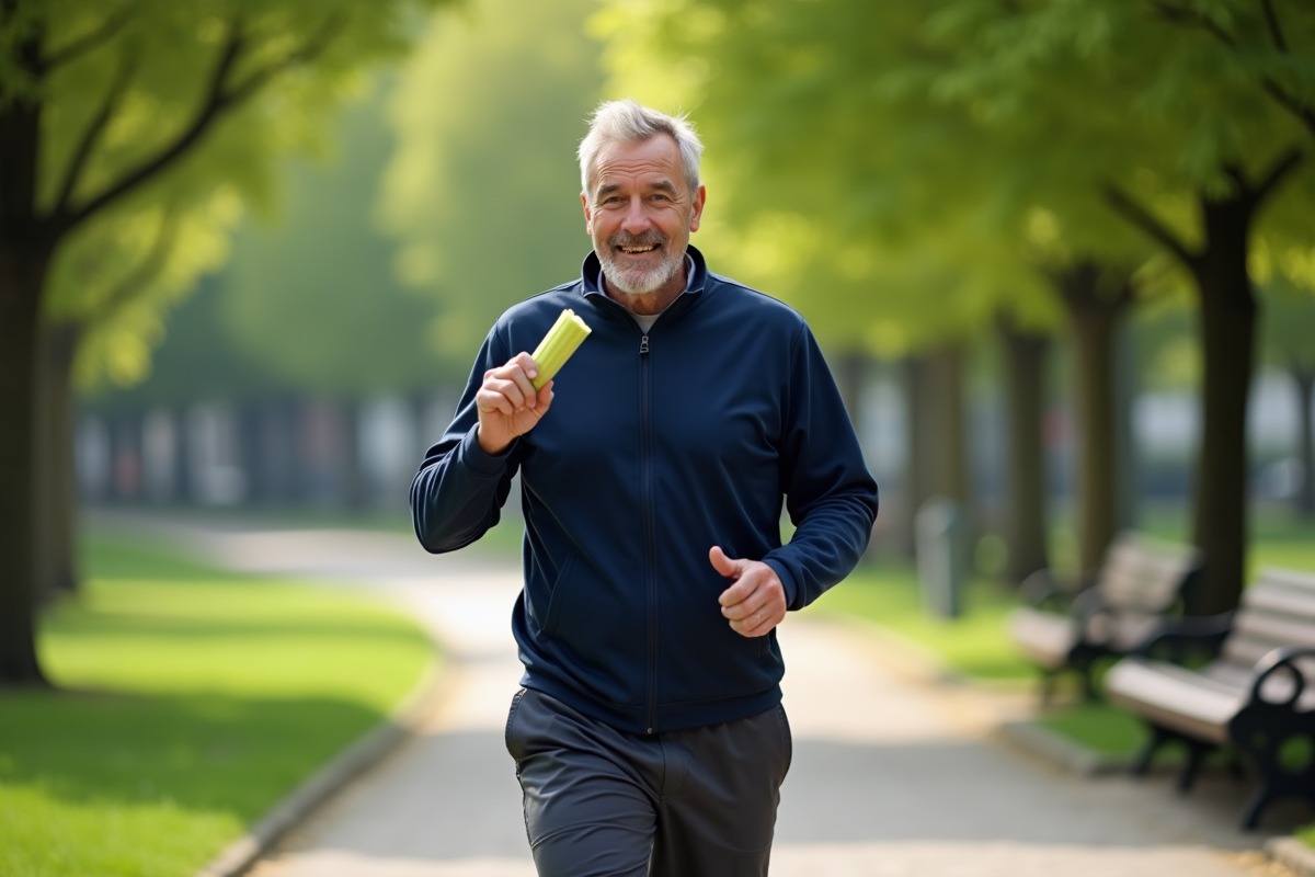 Homme marchant dans un parc urbain avec du céleri frais