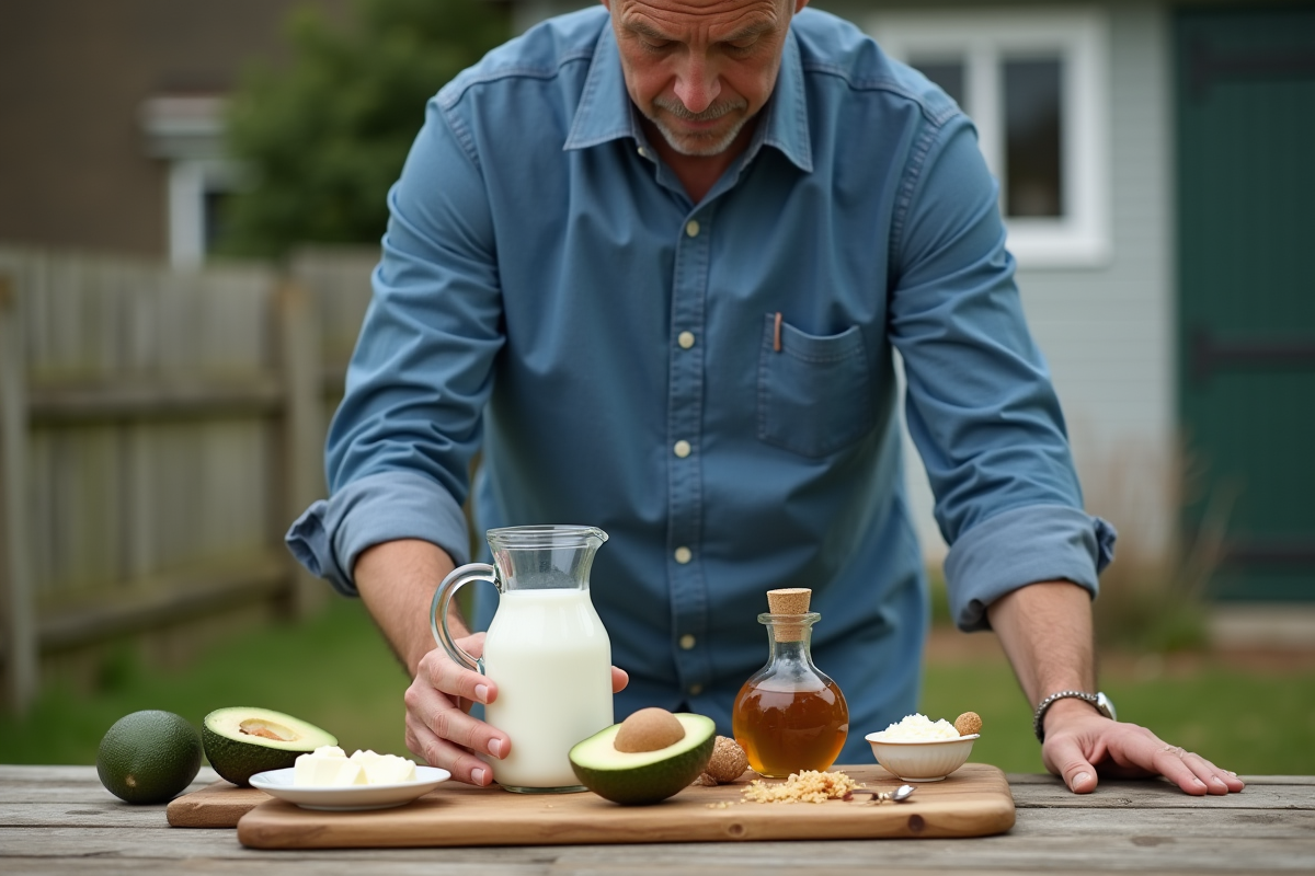 Homme arrangeant des produits laitiers en extérieur
