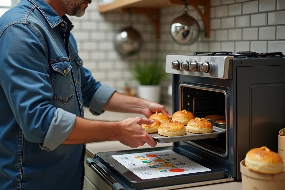 Homme en cuisine insérant une plaque de pâtisseries dorées dans le four