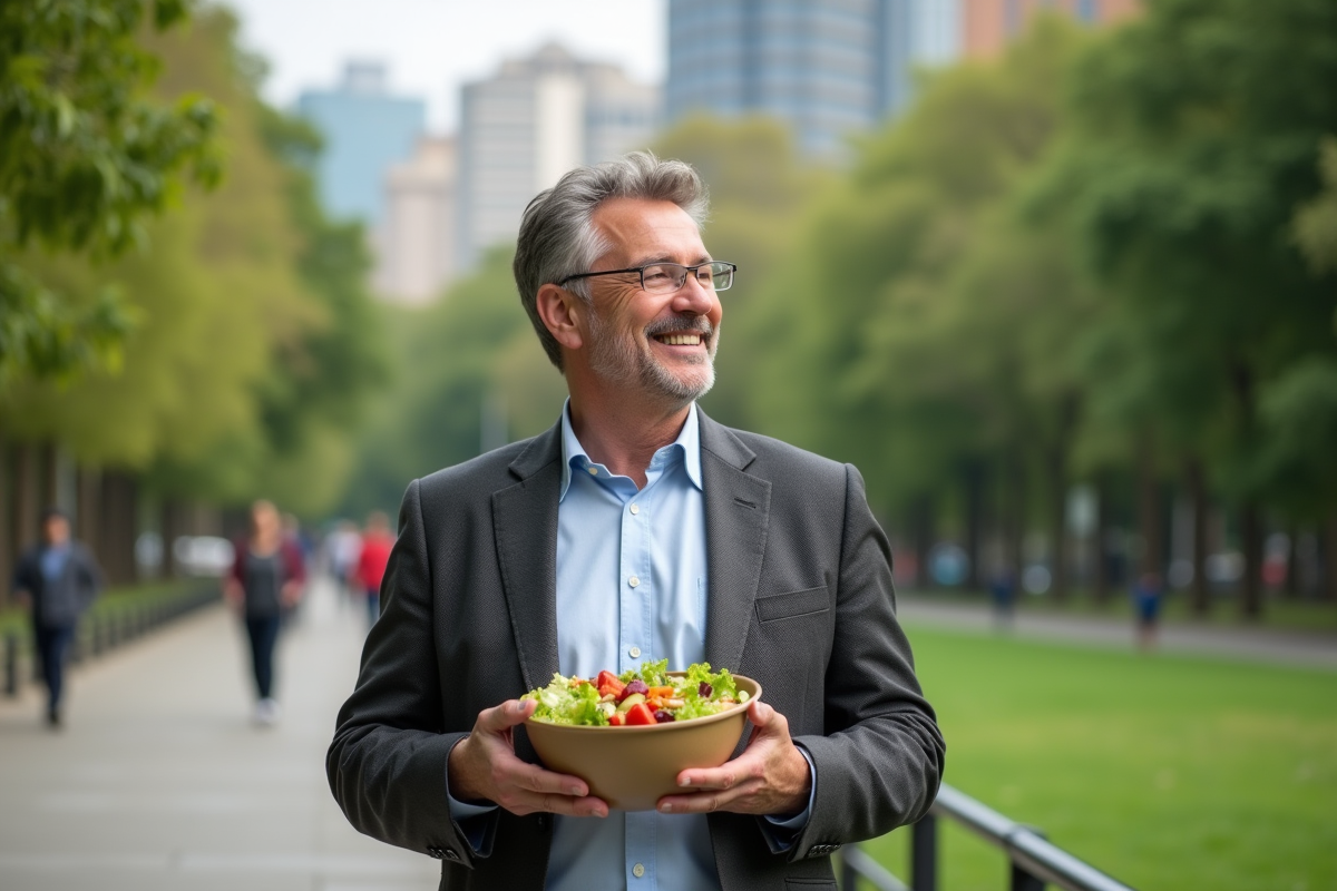 Homme souriant avec salade dans un parc urbain