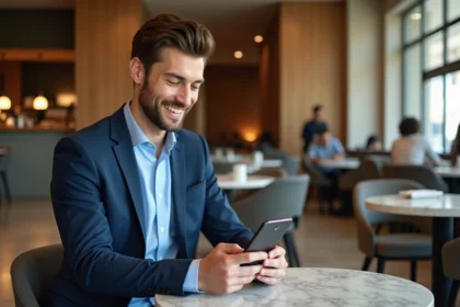 Homme en blazer vérifiant son smartphone dans un restaurant à Lille