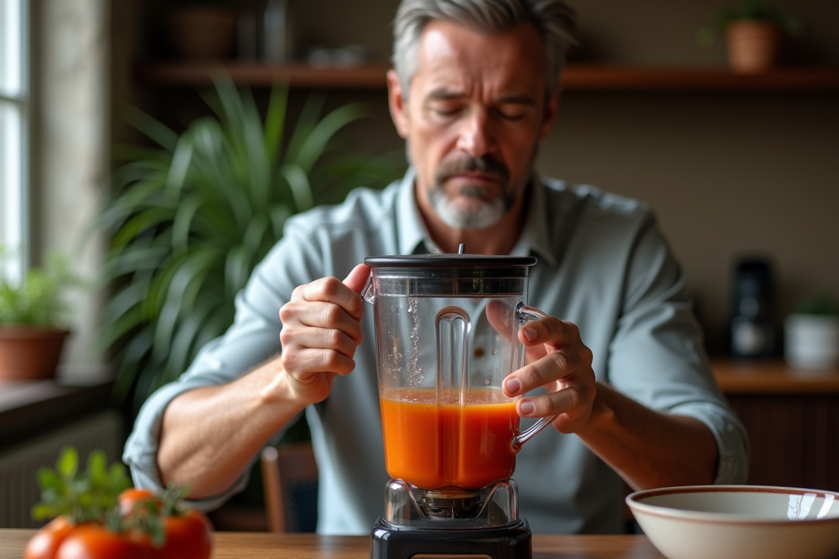 Homme dégustant une soupe de tomates dans un bol