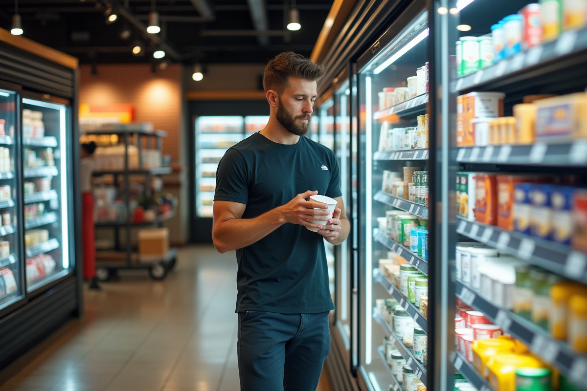 Jeune homme sportif choisissant des produits riches en protéines