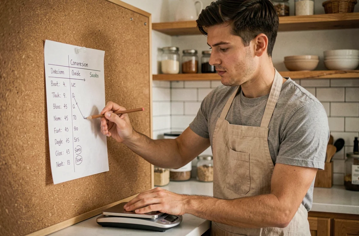 Homme consultant un tableau de conversion centilitres grammes en cuisine avec une balance numérique