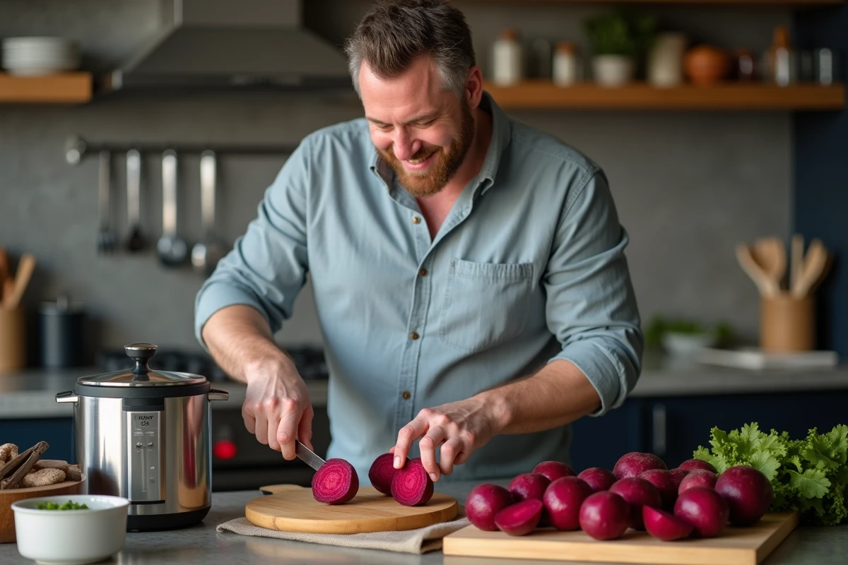 Homme coupant une betterave cuite dans une cuisine moderne