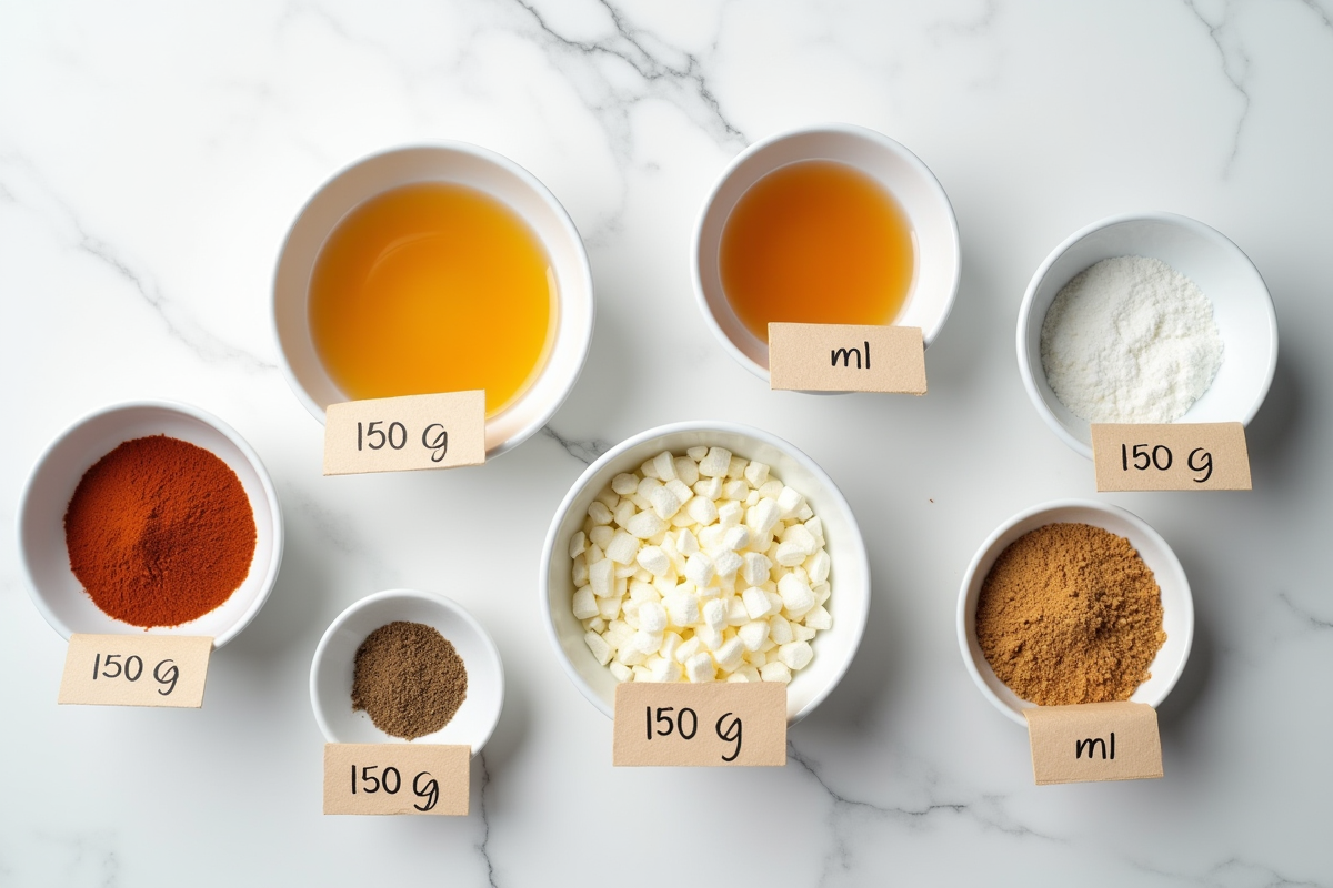 Ingrédients en petits bols avec étiquettes sur surface blanche
