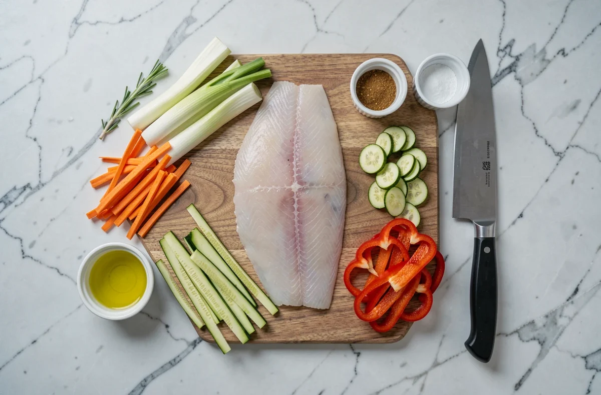 Vue aérienne des ingrédients frais pour une recette de julienne de poisson pour enfants disposés sur marbre