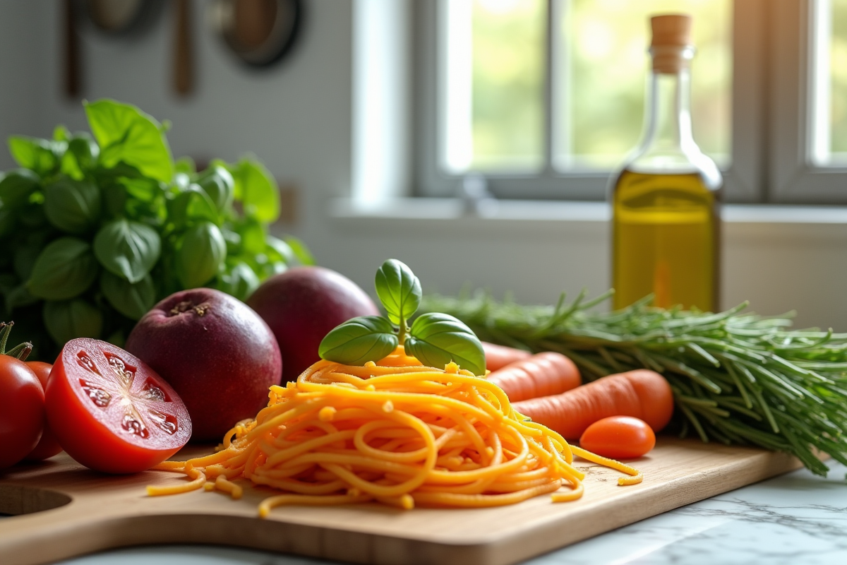 Ingrédients frais pour pâtes légumes sur plan de cuisine moderne