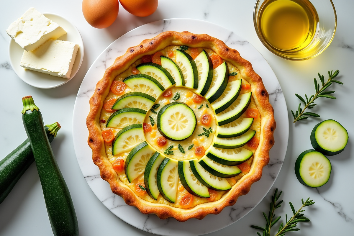 Ingrédients pour tarte zucchini et chèvre sur plan de travail lumineux