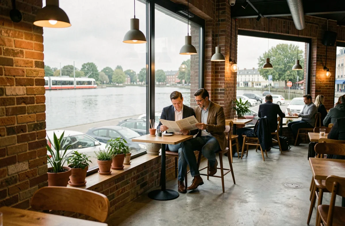 Intérieur de brasserie contemporaine au bord du lac de Bordeaux avec vue sur le tram depuis la fenêtre