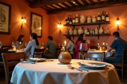 Intérieur élégant du restaurant italien Luci à Argenteuil avec table dressée en lin blanc et décor rustique chaleureux