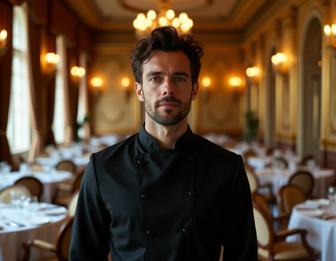 Chef Jean Imbert en veste noire dans la somptueuse salle à manger du Plaza Athénée à Paris