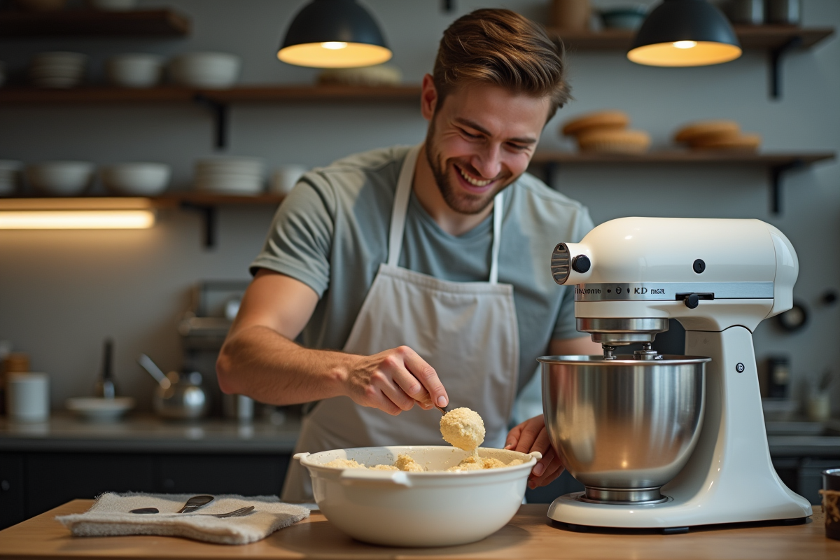 Jeune homme préparant la pâte à gâteau dans une petite boulangerie