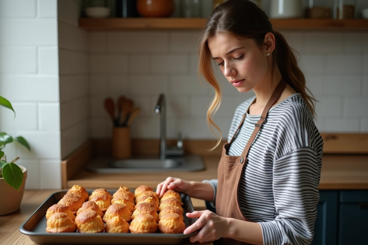 Jeune femme examine des canelés dans une cuisine chaleureuse