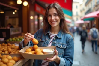 Jeune femme souriante avec beignets d'aubergine au marché