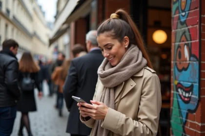 Jeune femme dans la rue à Paris avec trench et smartphone