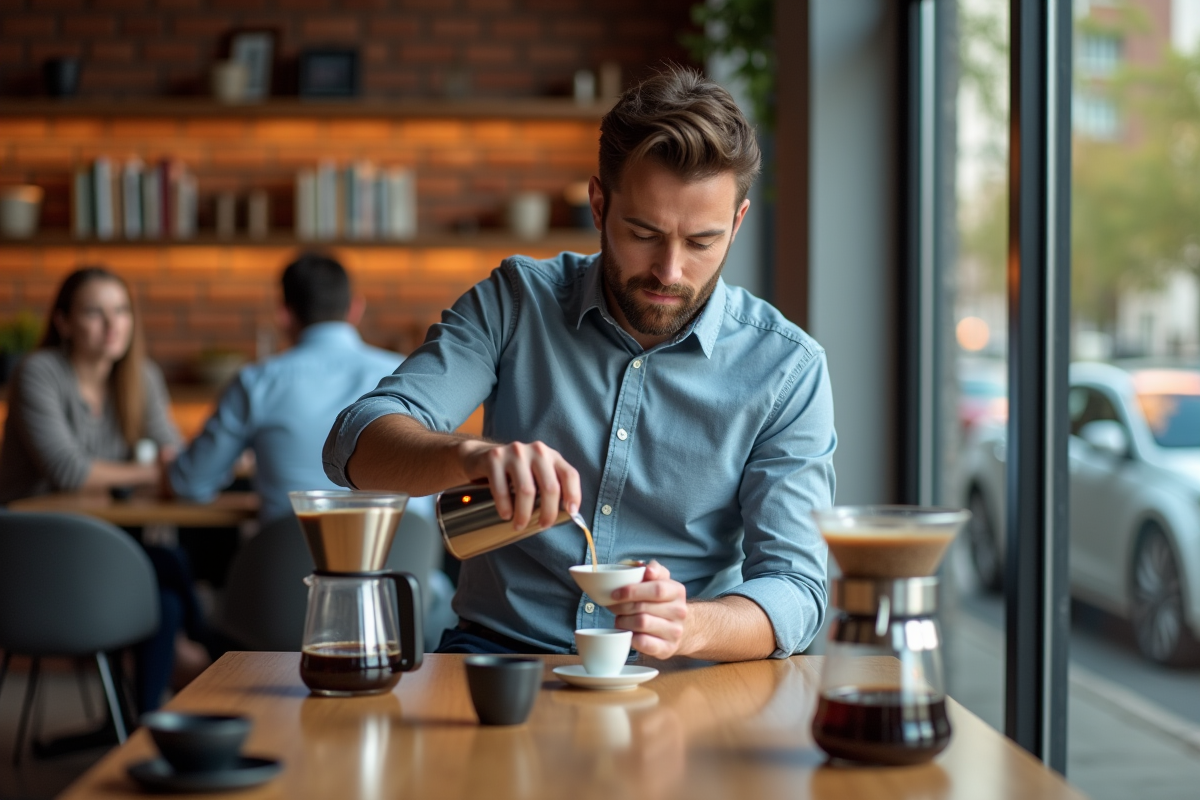 Jeune homme versant du café dans un café moderne